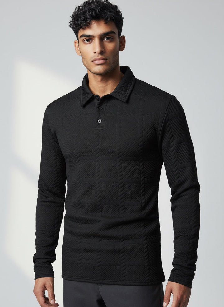 Textured jacquard knit men's button polo shirt, perfect for modern style.