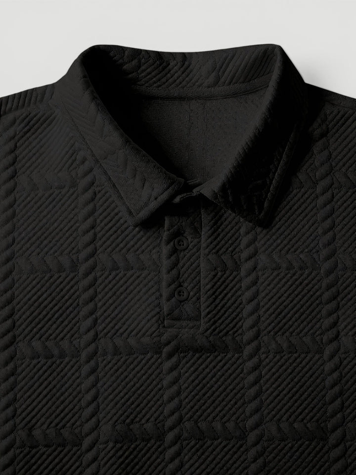 Modern men's button polo shirt with unique jacquard knit texture for a refined look.