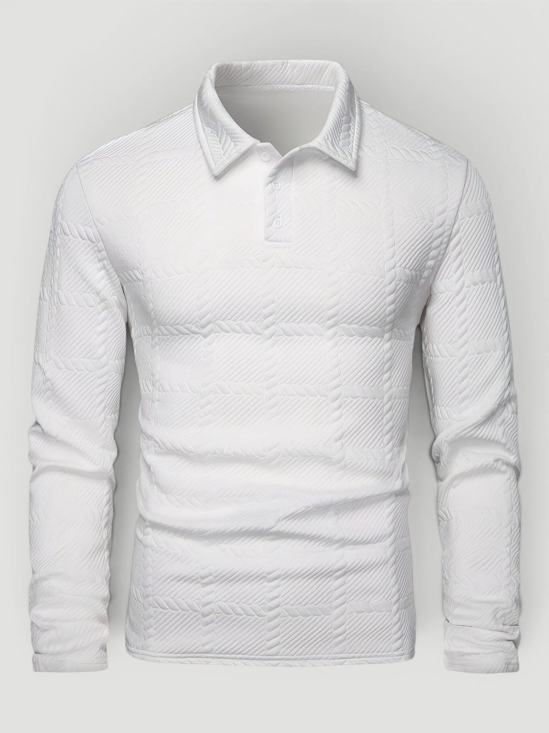Stylish men's jacquard knit polo shirt featuring a button placket and modern fit.