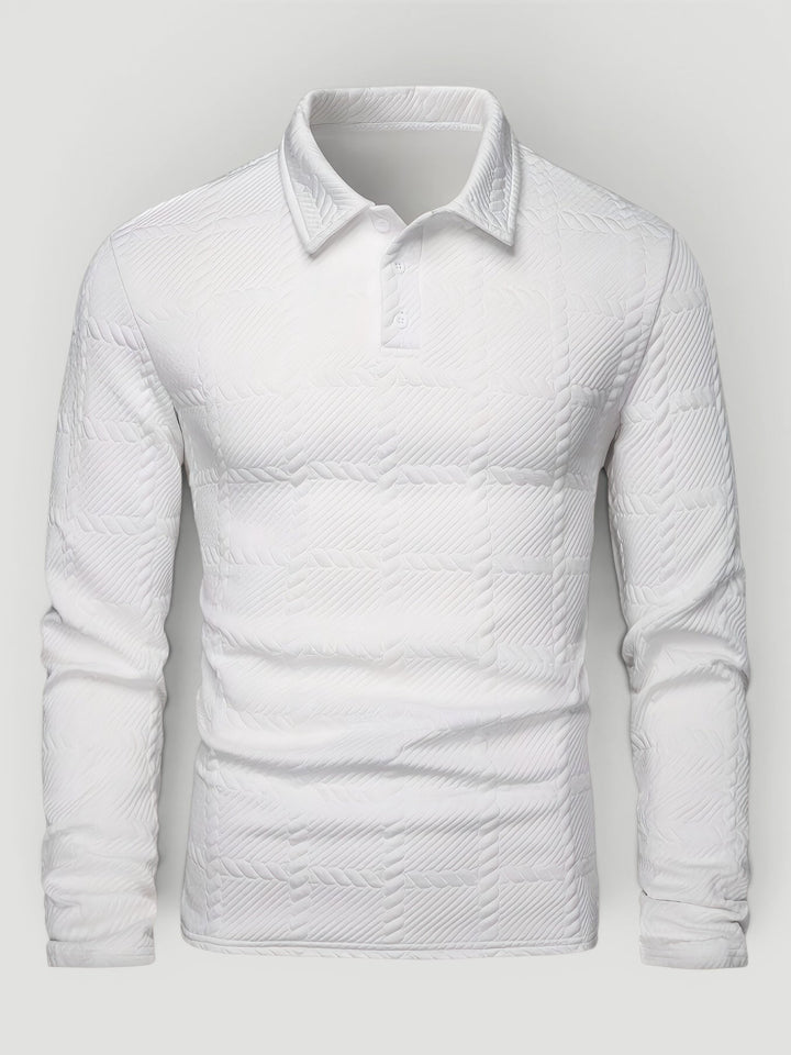 Stylish men's jacquard knit polo shirt featuring a button placket and modern fit.
