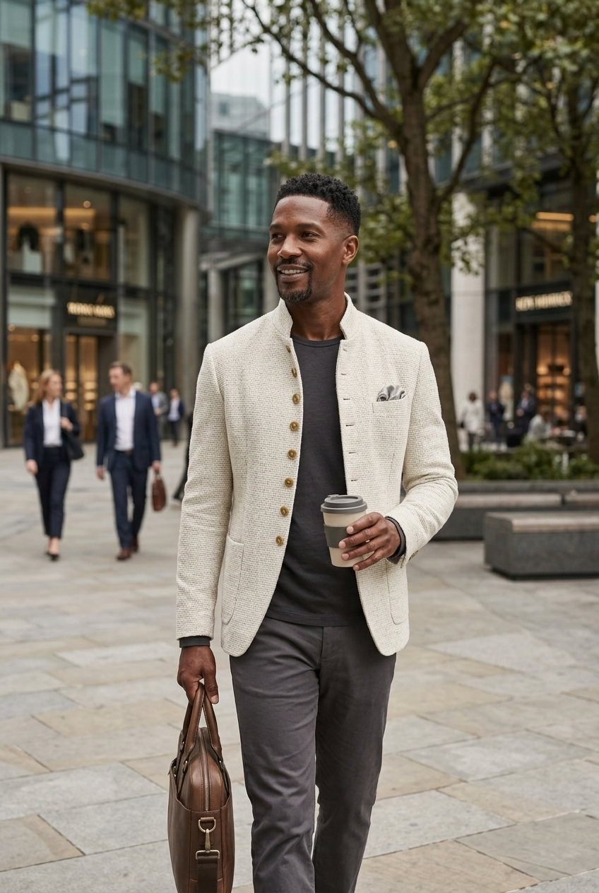 Textured men's mandarin blazer with a structured fit, ideal for modern formal & casual style.