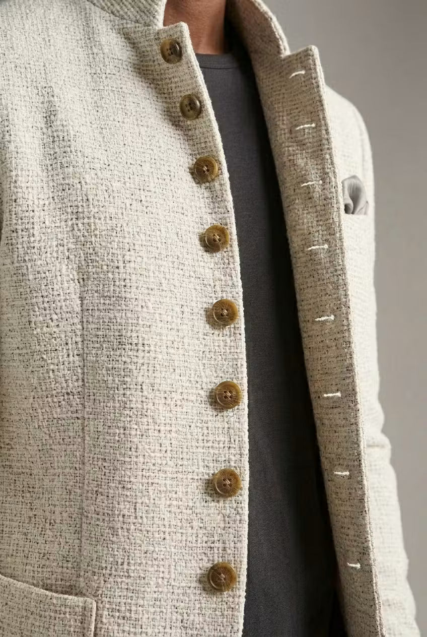Stylish men's mandarin collar blazer for evening wear & smart casual events. Modern and structured.