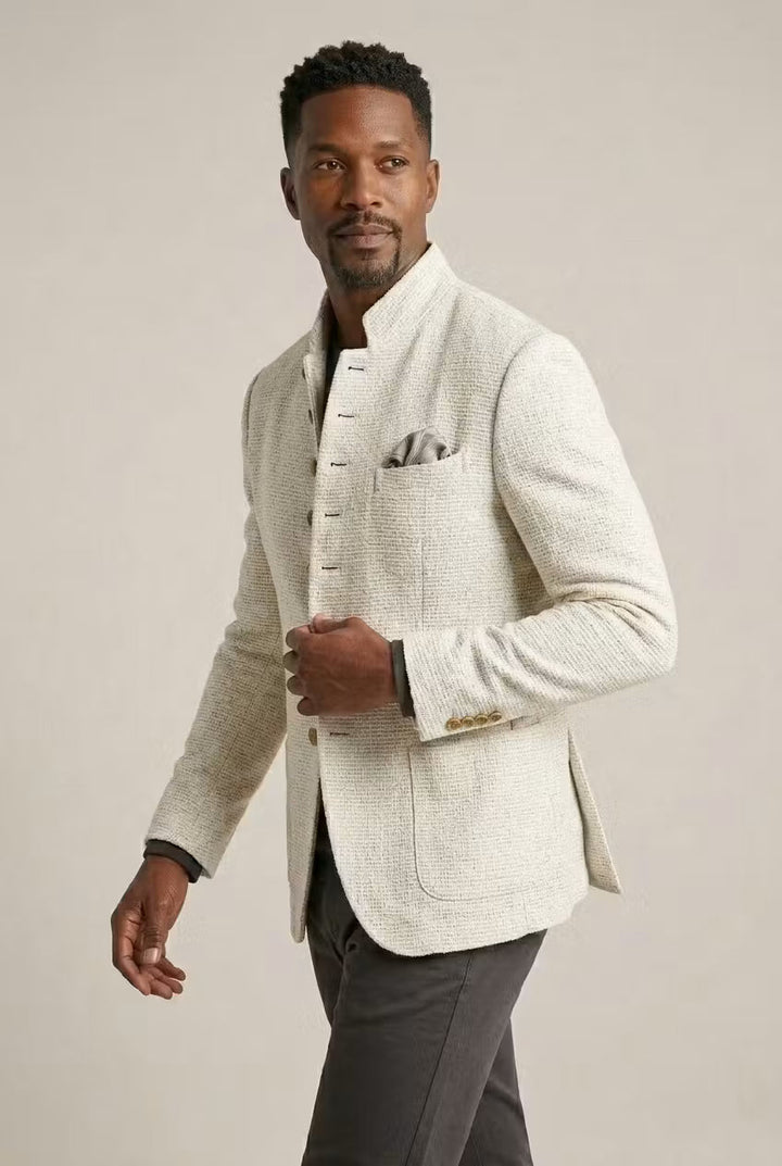 Men's structured fit mandarin collar blazer, modern & refined for smart casual and formal events.