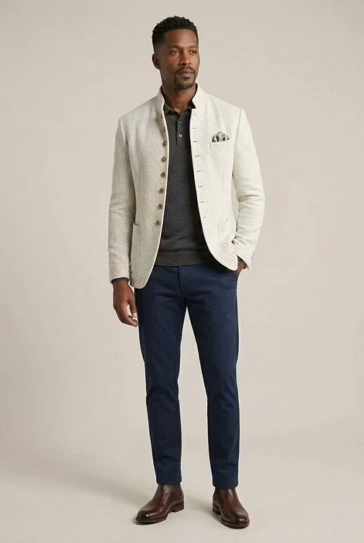 Stylish textured men's single-breasted mandarin collar blazer for modern smart casual & evening wear.