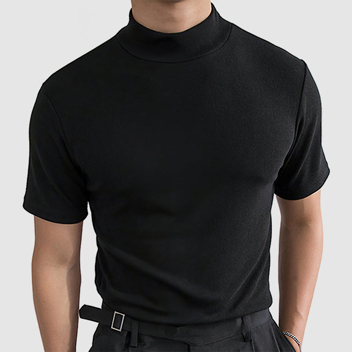 Men's modern mock neck stretch t-shirt in black, short sleeve, perfect for casual or smart casual wear.
