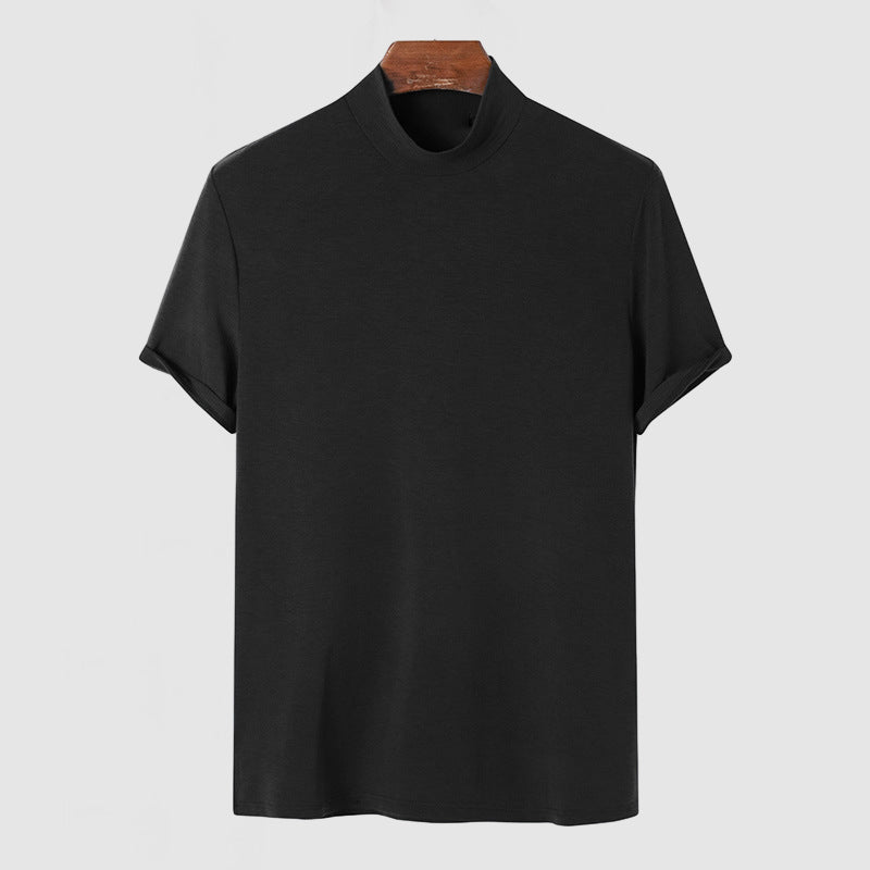 Close-up of the soft fabric on a men's short sleeve mock neck stretch t-shirt, ideal for everyday comfort.
