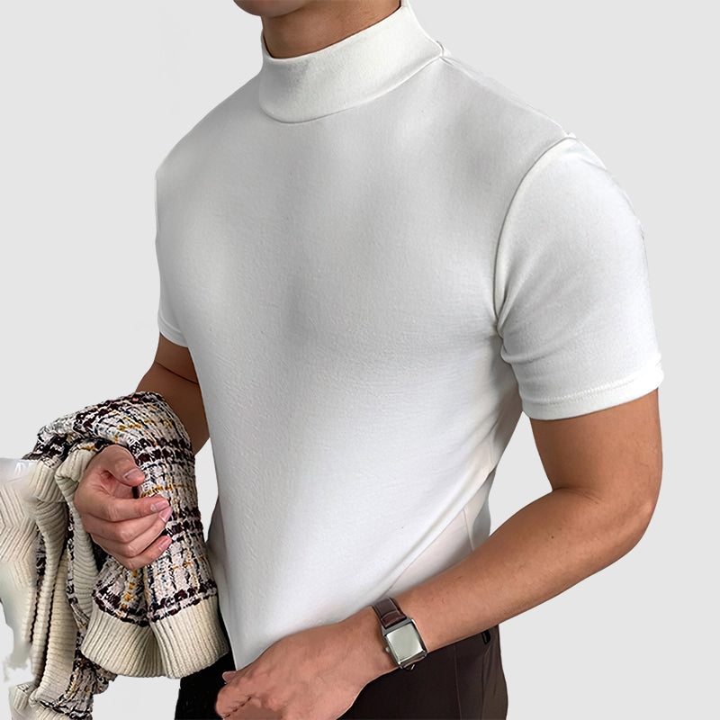 Model demonstrating the stretch fit of the men's comfortable mock neck t-shirt, an essential everyday top.
