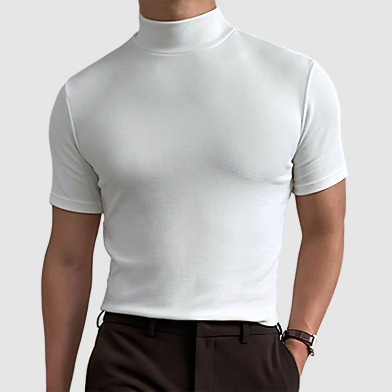 A stylish men's mock neck stretch tee, presented in a crisp white, highlighting its clean and modern design.