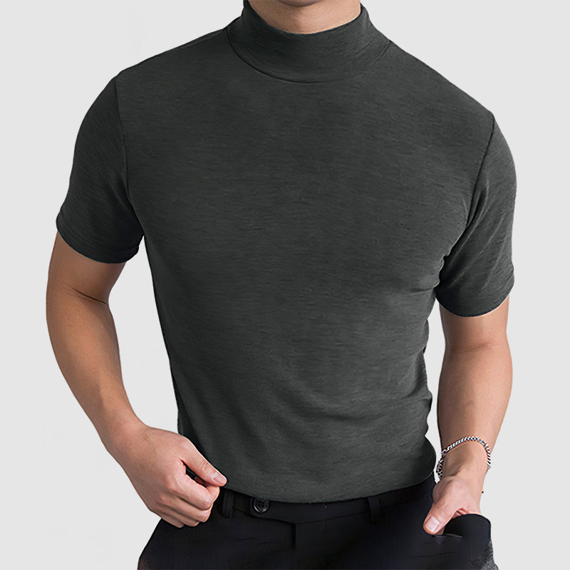 Detail shot of the mock neck collar on a men's short sleeve t-shirt, offering a refined basic tee look.