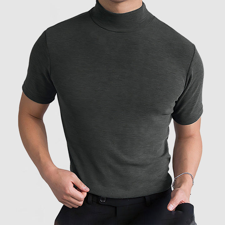 Detail shot of the mock neck collar on a men's short sleeve t-shirt, offering a refined basic tee look.