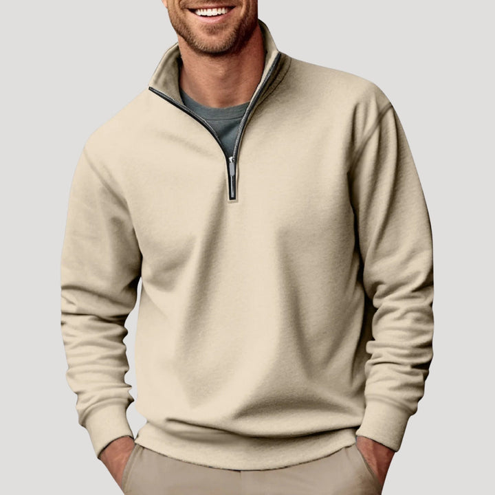 Stylish men's quarter zip pullover, perfect for comfortable layering & everyday fashion.