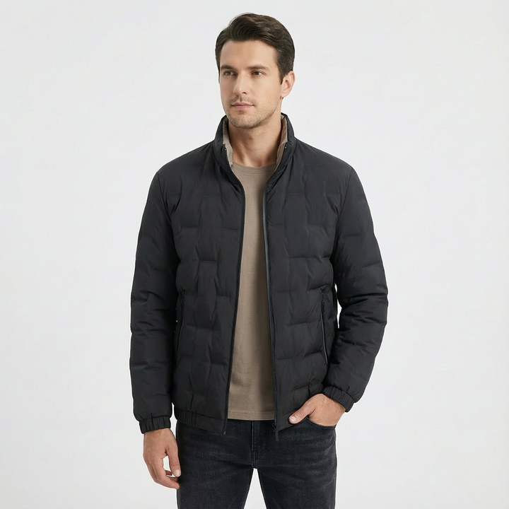 Men's modern quilted jacket with stand collar, ideal for casual winter outerwear. Lightweight & stylish.