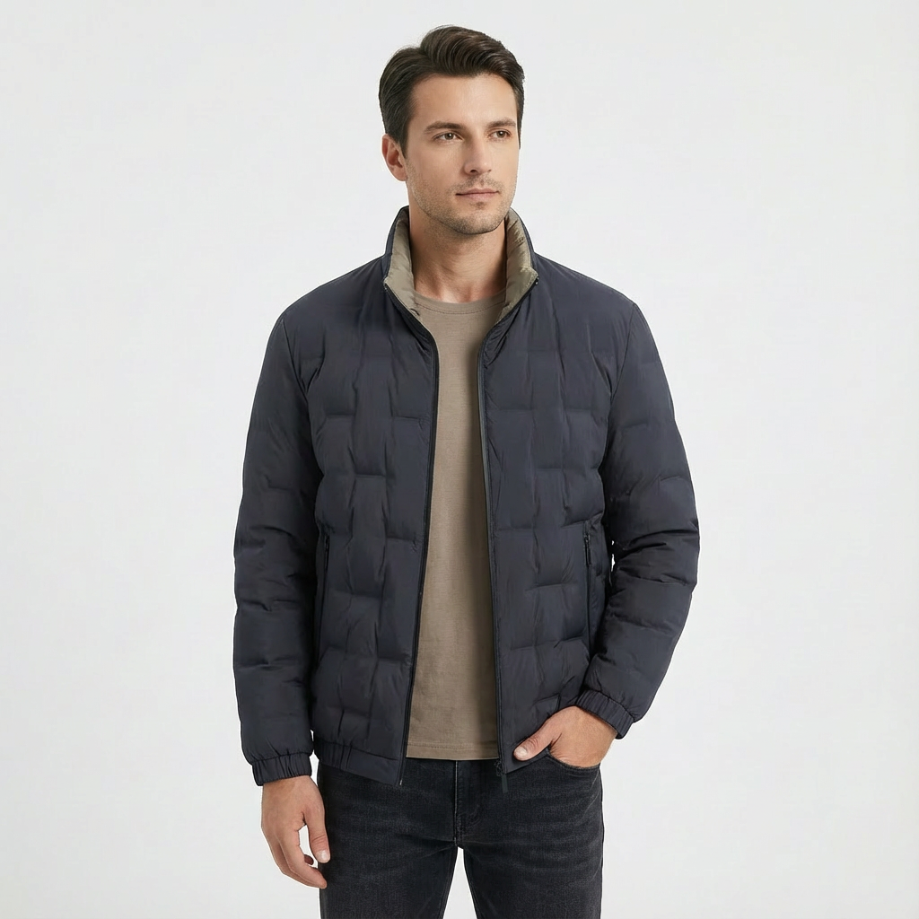 Lightweight men's quilted zip jacket with stand collar, windproof & waterproof for outdoor wear.