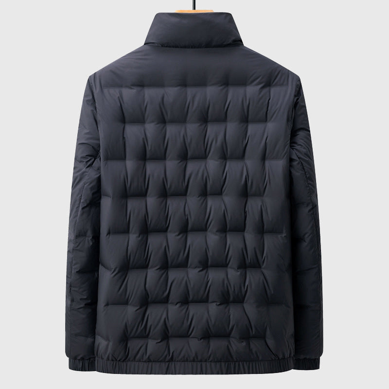 Stylish men's modern quilted outerwear jacket with stand collar, perfect for contemporary casual looks.
