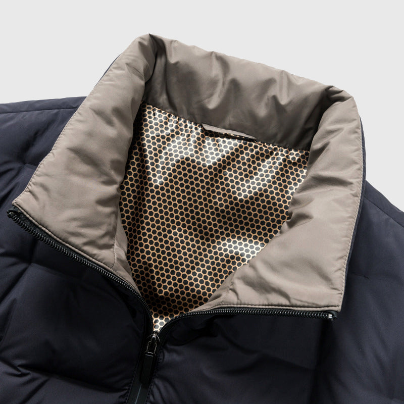 Warm men's winter quilted jacket with stand collar. Waterproof, windproof & lightweight for cold weather.