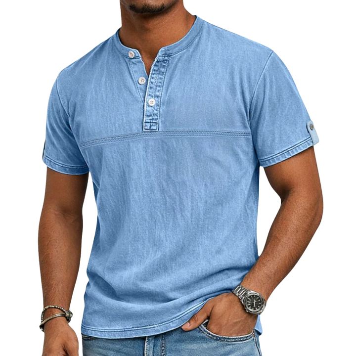 Men's modern stand collar short sleeve Henley shirt, perfect for casual summer style & everyday wear.