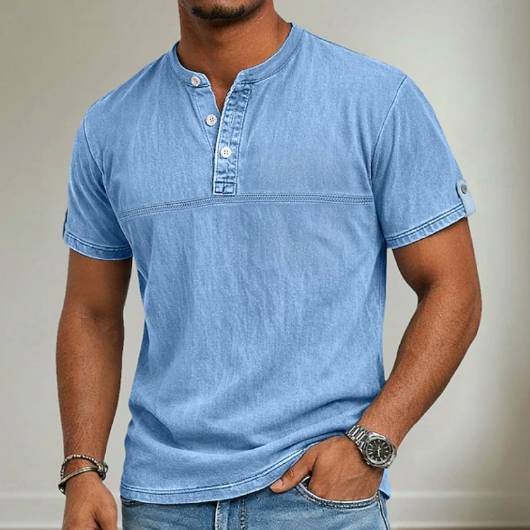 Relaxed fit men's stand collar short sleeve Henley shirt, a comfortable and stylish option for summer fashion.