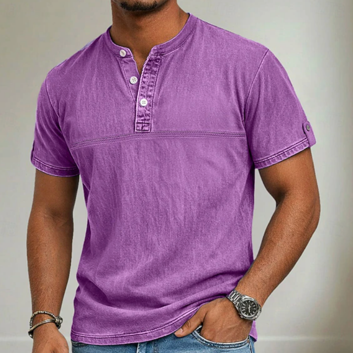 Versatile men's short sleeve Henley shirt with a modern stand collar, ideal for casual & stylish summer looks.