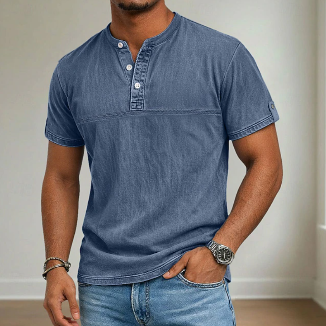 Modern men's stand collar short sleeve Henley shirt, ideal for everyday wear and casual summer outings.