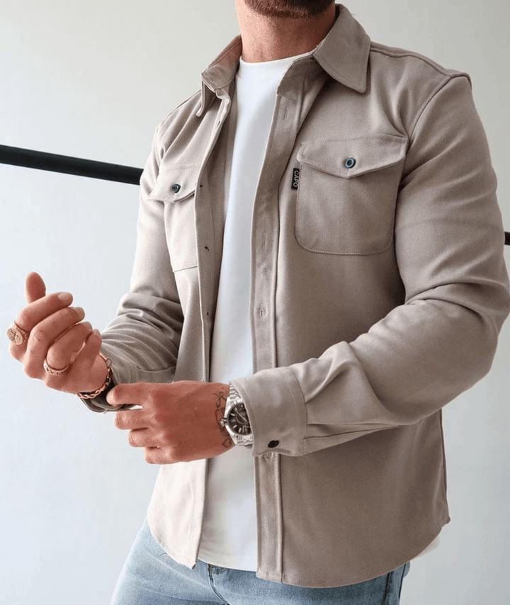 Men's modern style slim-fit shirt jacket in a versatile casual design, perfect for layering.