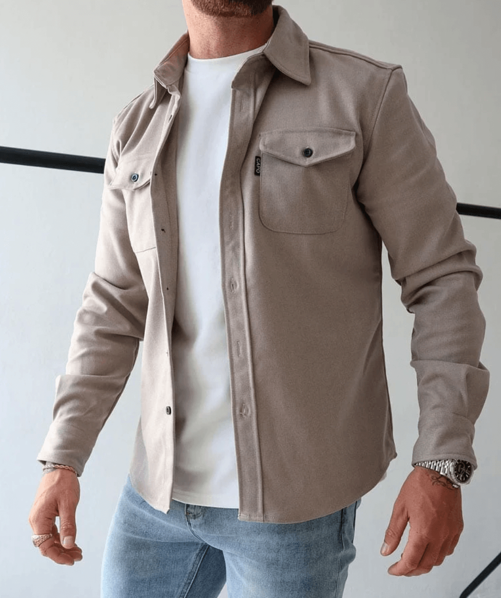 Beige men's modern slim-fit shirt jacket, long sleeve, ideal for smart casual layering & outerwear.