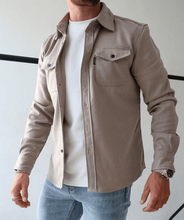 Beige men's modern slim-fit shirt jacket, long sleeve, ideal for smart casual layering & outerwear.
