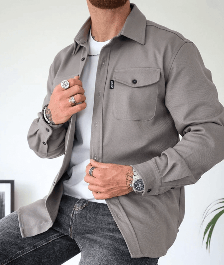 Gray men's long-sleeve shirt jacket, modern casual outerwear for versatile layering and style.