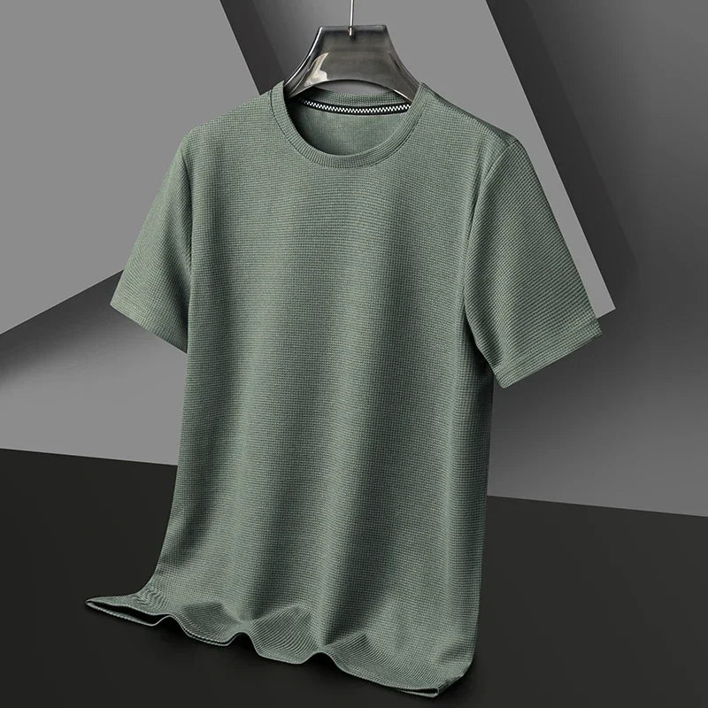 Man wearing a casual grey waffle knit crew neck t-shirt for everyday wear