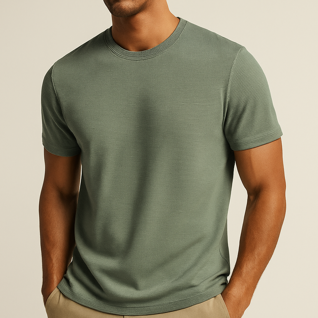 Men's relaxed fit short sleeve shirt, showcasing the unique waffle knit