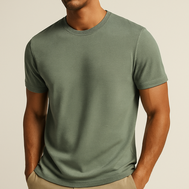 Men's relaxed fit short sleeve shirt, showcasing the unique waffle knit