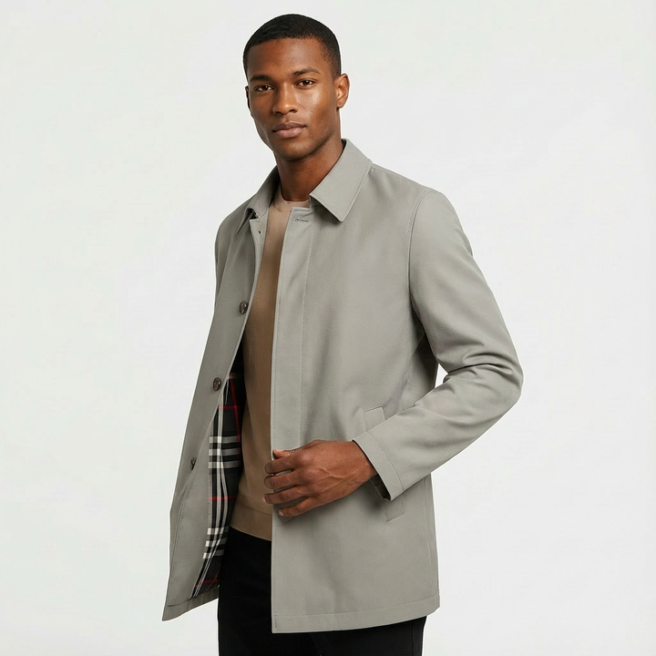 Close-up of the waterproof fabric on a men's zip front Harrington jacket