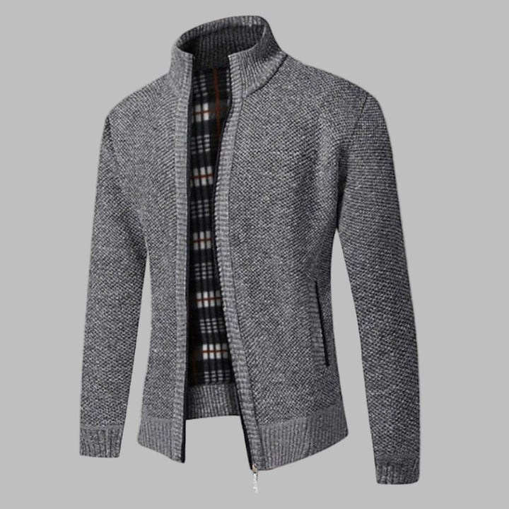 Men's modern zipper knit sweater. Comfortable long sleeve design for stylish casual wear.