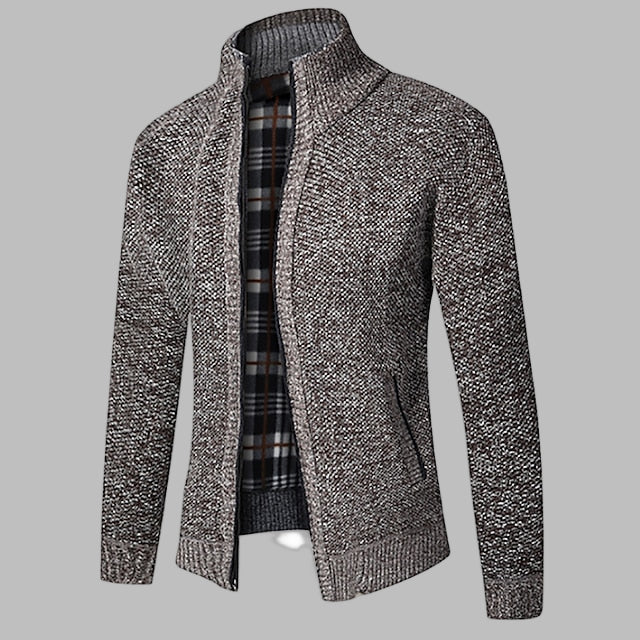 Comfortable men's long sleeve knit sweater with a zipper, offering a modern and relaxed fit.