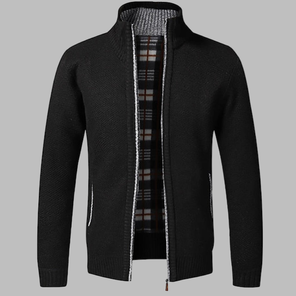 Close-up of a modern men's zipper knit sweater, highlighting the stylish front zipper and knit texture.