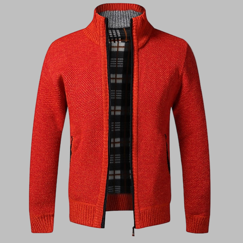 Men's stylish knit sweater with a convenient zipper, combining modern appeal with comfortable long sleeves.
