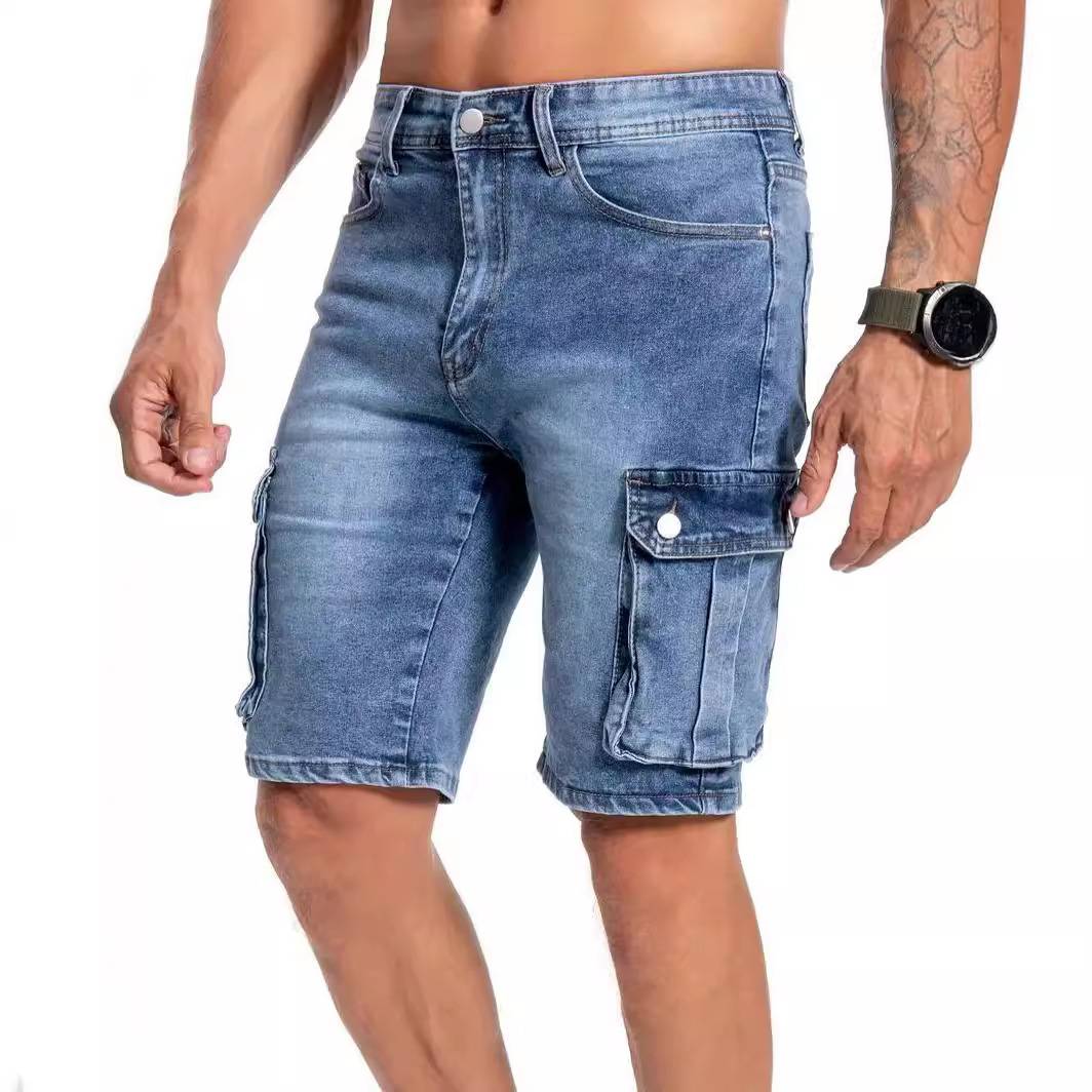 Men's multi-pocket denim shorts, comfortable & practical for casual wear & outdoor summer activities.
