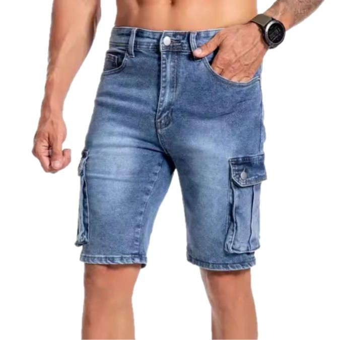 Relaxed fit men's denim utility shorts with multiple pockets, ideal for summer casual & everyday comfort.