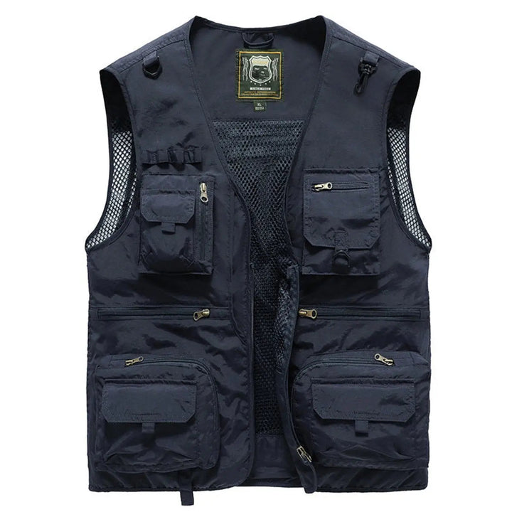 Lightweight men's gilet for fishing, hiking, & camping. Multi-pocket design for gear.