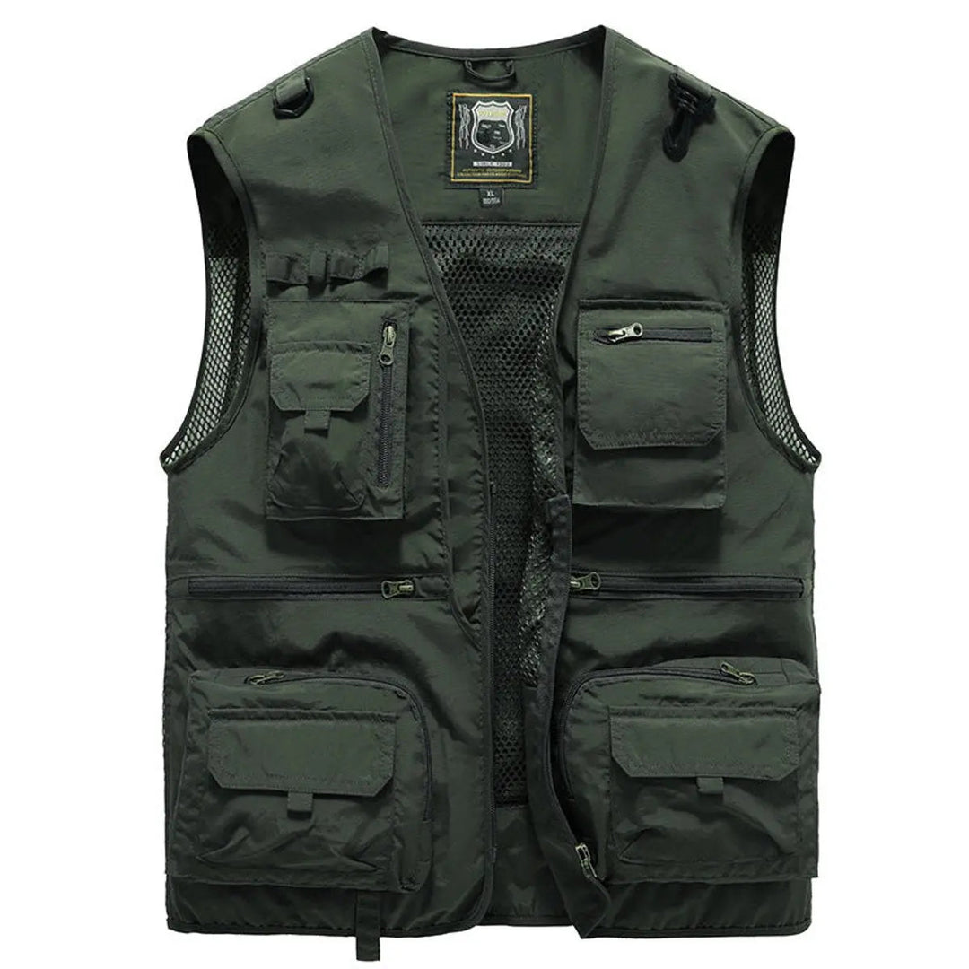 Front view of a men's multi-pocket fishing vest, showcasing ample storage & practical design.