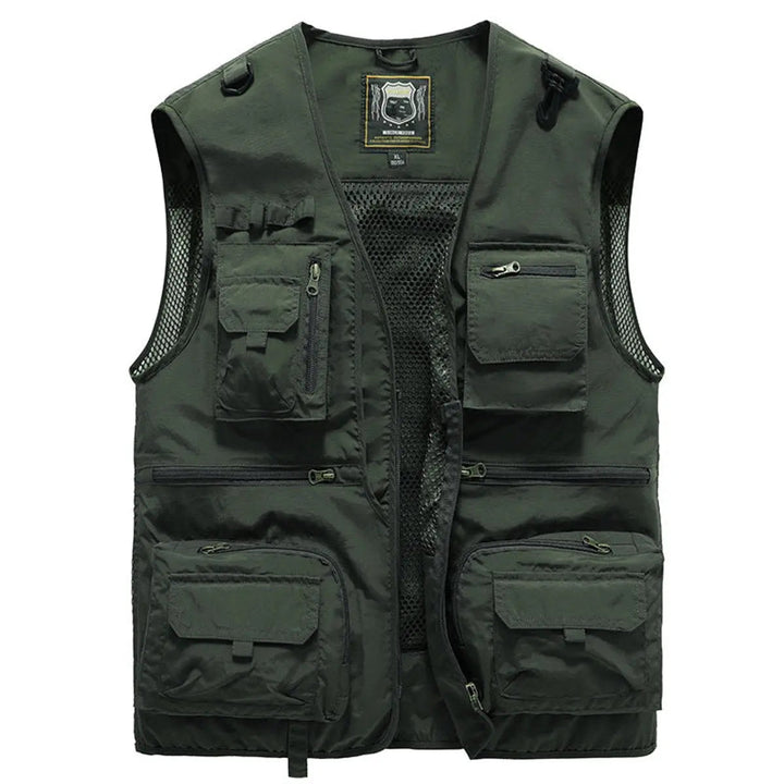 Front view of a men's multi-pocket fishing vest, showcasing ample storage & practical design.