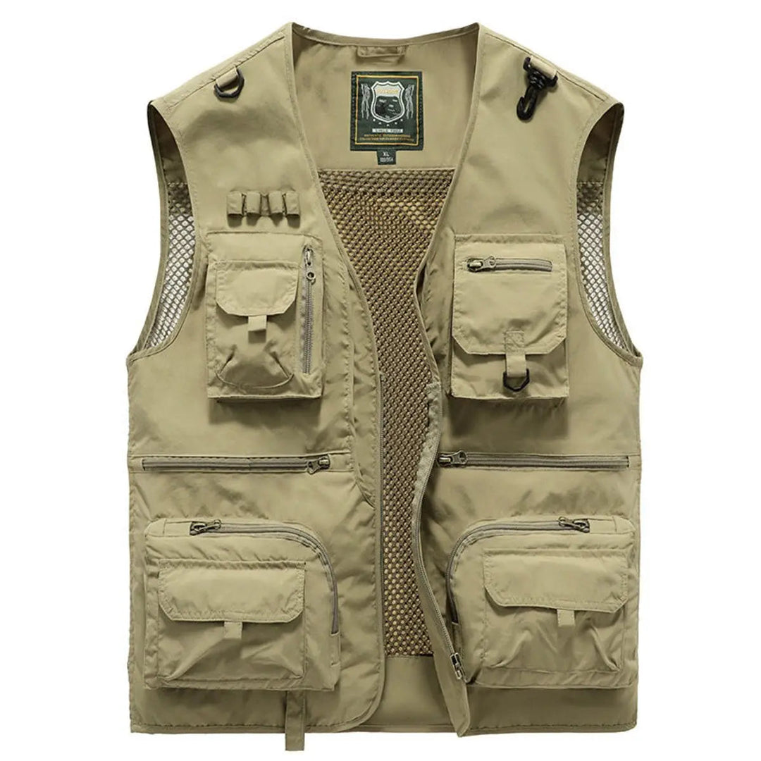 Back view of men's lightweight outdoor vest, featuring breathable mesh & utility details.