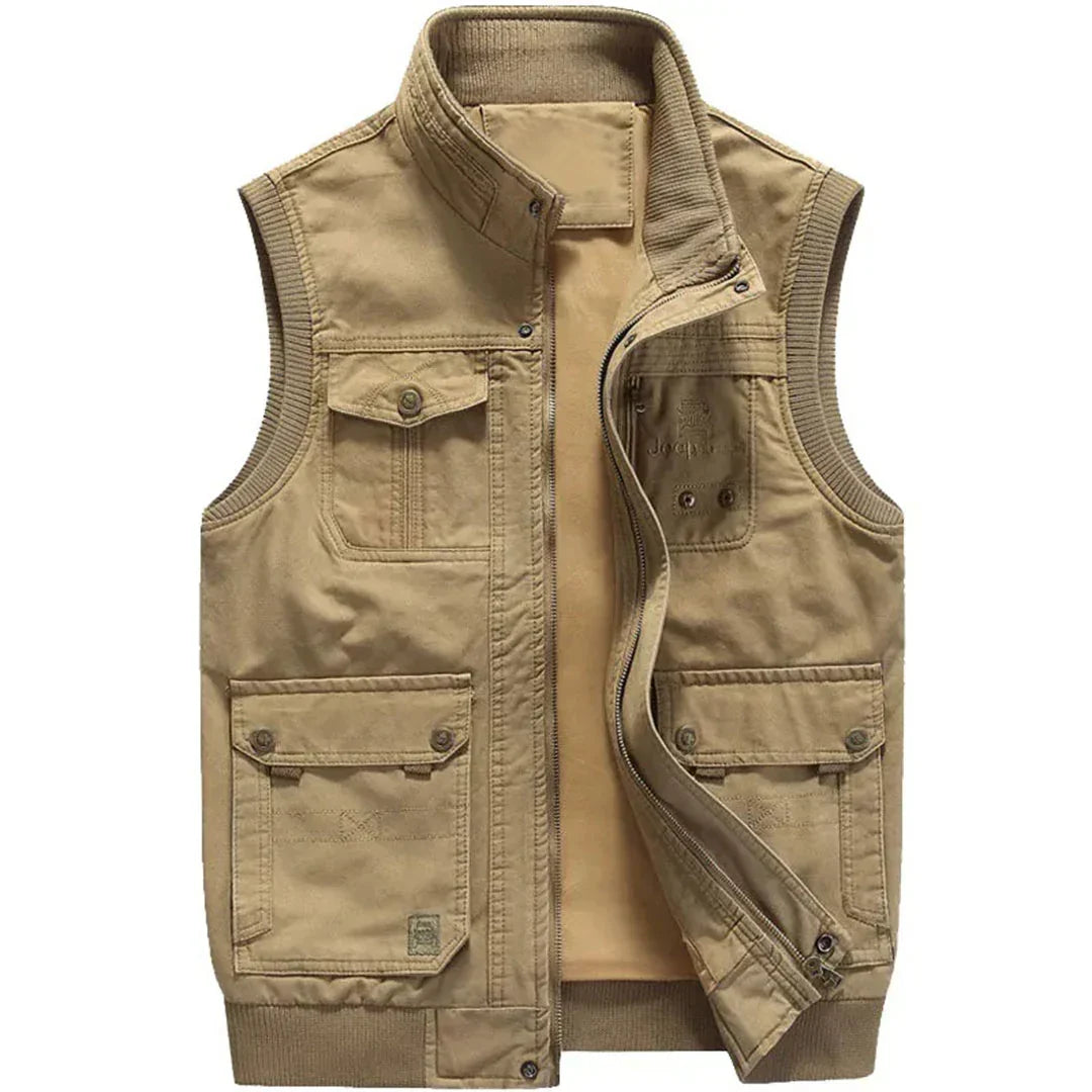 Men's multi-pocket outdoor vest, functional for hiking & fishing. Durable cotton utility vest for adventure.