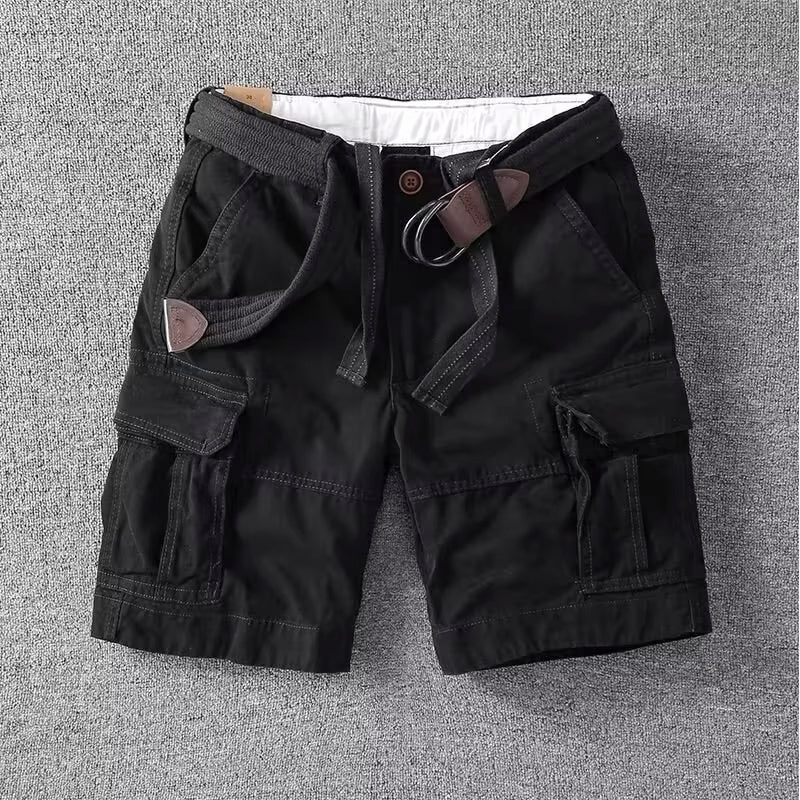 Front view of men's casual multi-pocket straight-leg cargo shorts, great for utility & comfort.