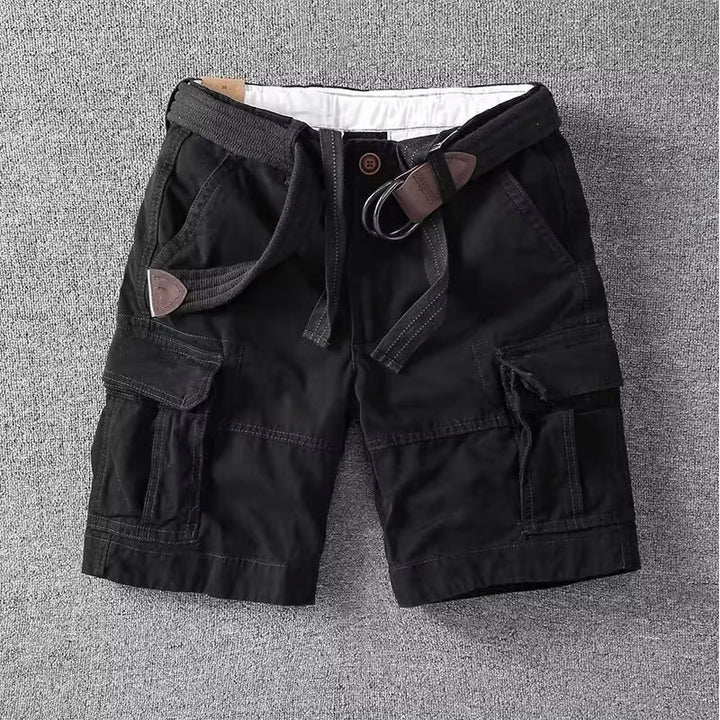 Front view of men's casual multi-pocket straight-leg cargo shorts, great for utility & comfort.
