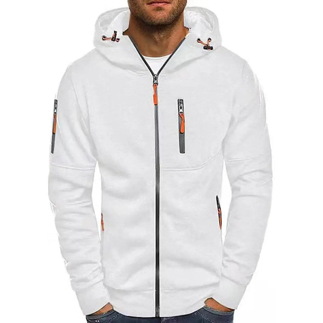Men's multi-pocket zip-up hoodie, knit sweater feel, comfortable casual fleece outerwear.