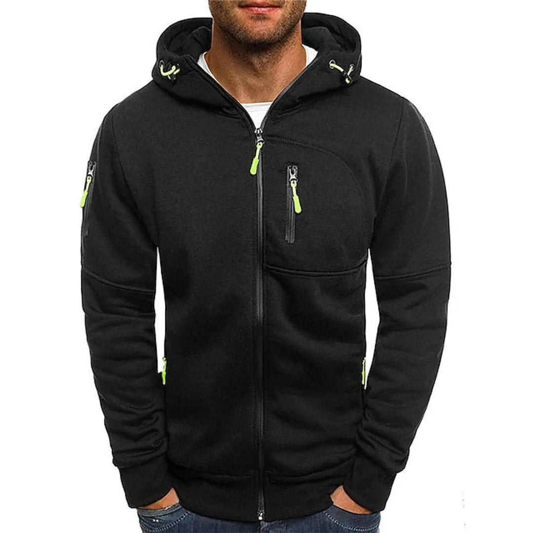 Versatile men's zip-up hooded sweatshirt, multi-pocket design, perfect casual layering jumper.