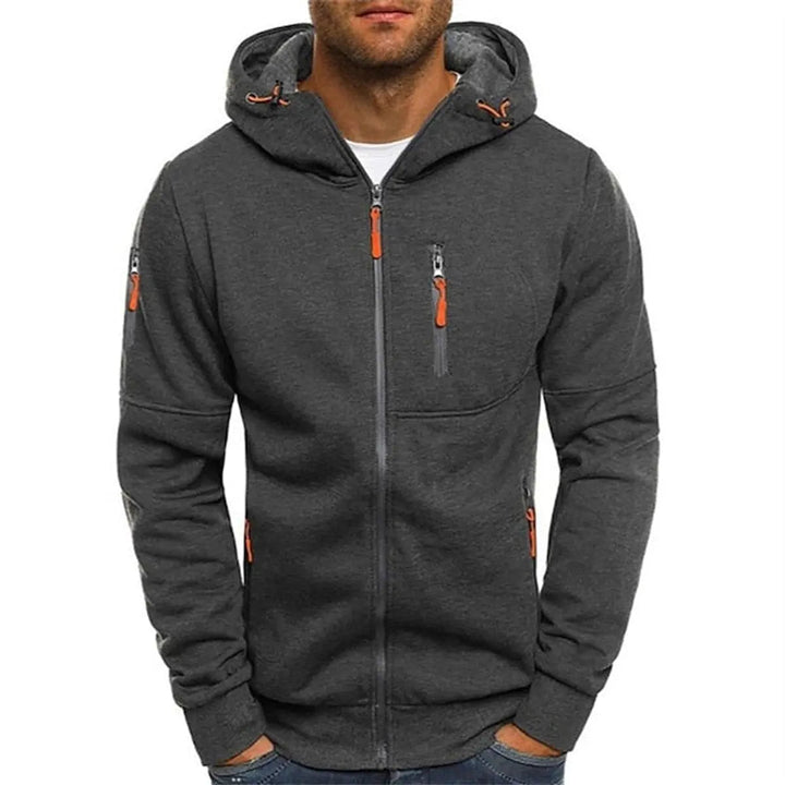 Comfortable men's fleece multi-pocket hoodie with zip front, soft knit sweater feel texture.