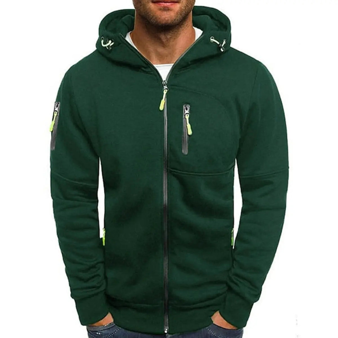 Warm men's zip-up hoodie, knit sweater feel, multi-pocket, ideal for comfortable casual wear.