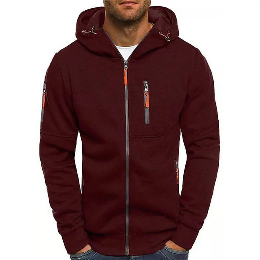 Casual men's hooded sweatshirt with multi-pockets, full zip, and soft knit sweater feel fleece.