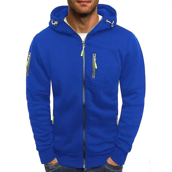 Men's multi-pocket zip-up outerwear hoodie, practical design, cozy knit sweater feel material.